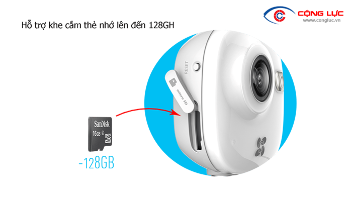 Camera ezviz c2 mini hỗ trợ khe cắm thẻ nhớ 128GB