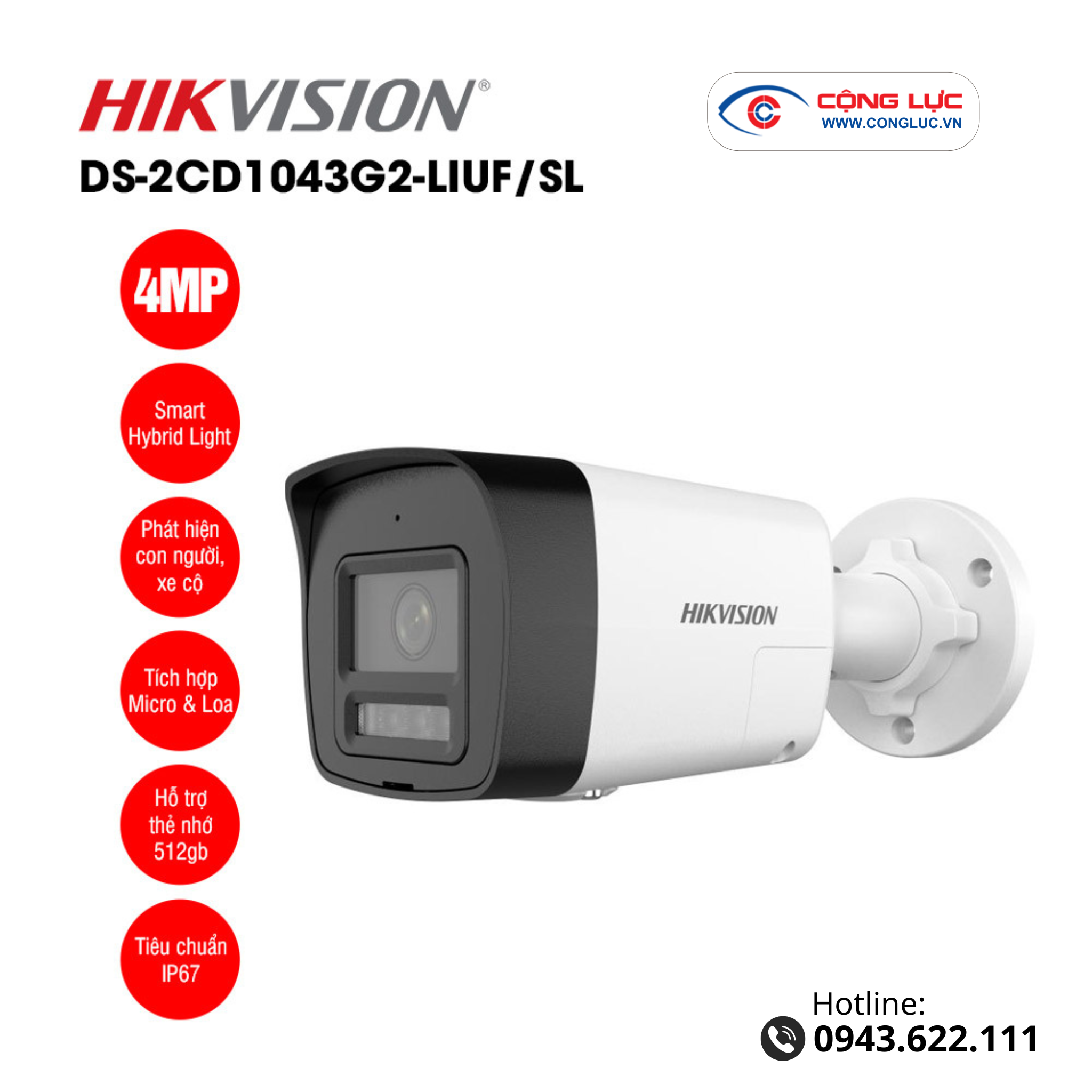 Camera IP 4MP thân trụ HIKVISION DS-2CD1043G2-LIUF/SL